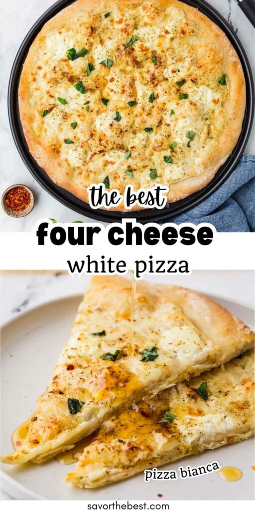 A four cheese white pizza with herbs on a plate.