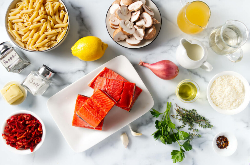 Ingredients for Salmon in Salmon Penne in lemon cream sauce.