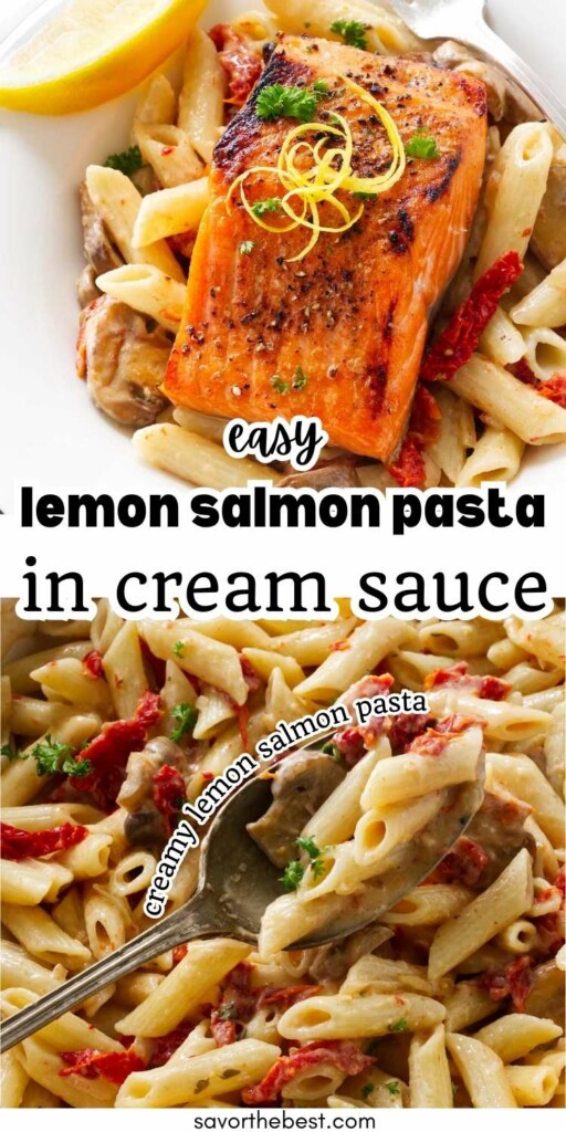 Upper photo: A serving of broiled salmon on a portion of penne pasta. Below: A spoon in a pot of creamy lemon pasta sauce.