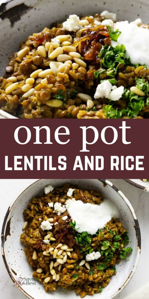 A bowl filled with lentils and rice topped with feta cheese.