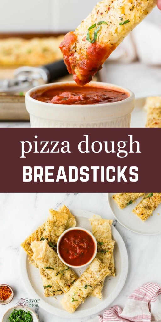 Homemade breadsticks with pizza dough on a plate with tomato sauce.