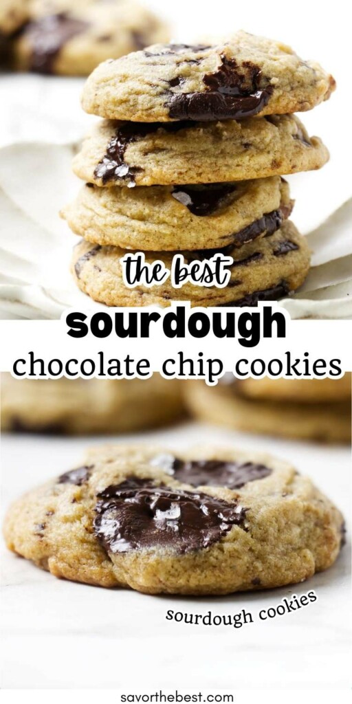 Stack of gooey sourdough chocolate chip cookies on a plate with text overlay.