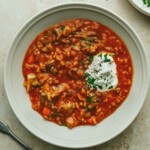 A bowl of stuffed cabbage soup recipe.