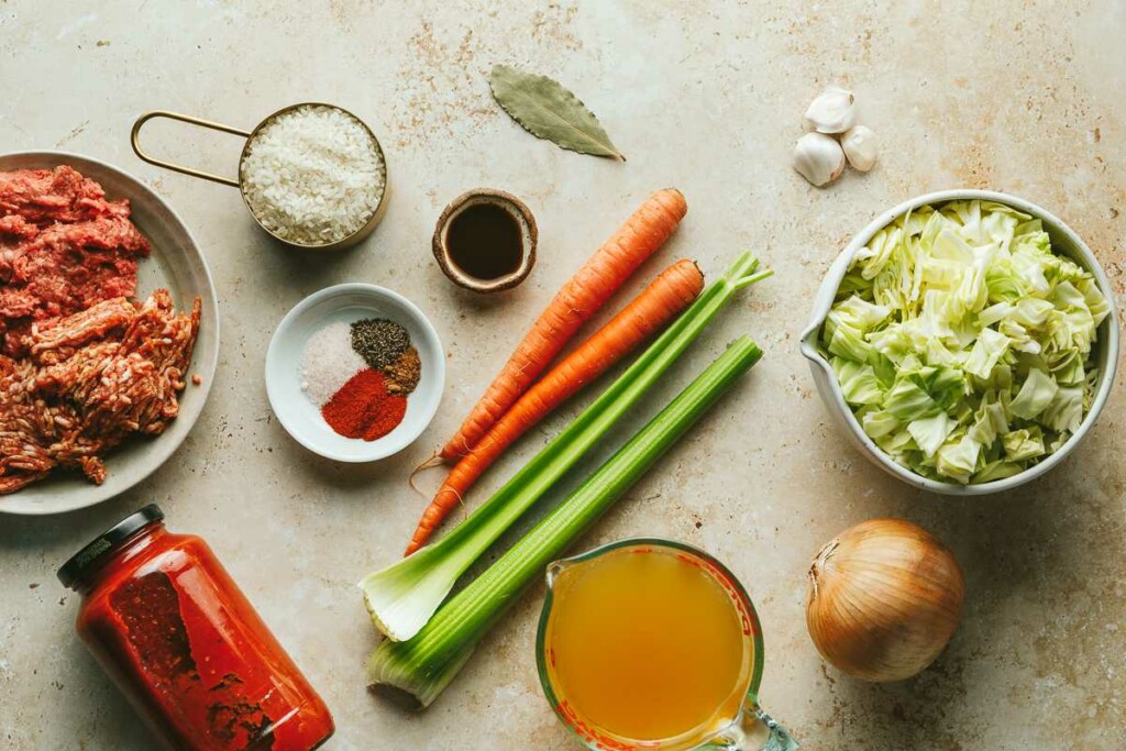 Ingredients used to make unstuffed cabbage soup.