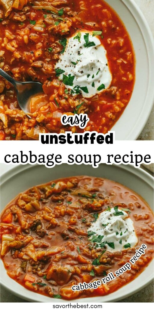 A bowl of cabbage roll soup with sour cream on top.