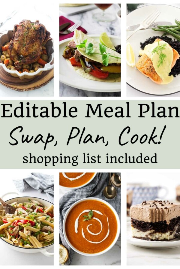 Collage of six diverse meals with text promoting an editable meal plan.