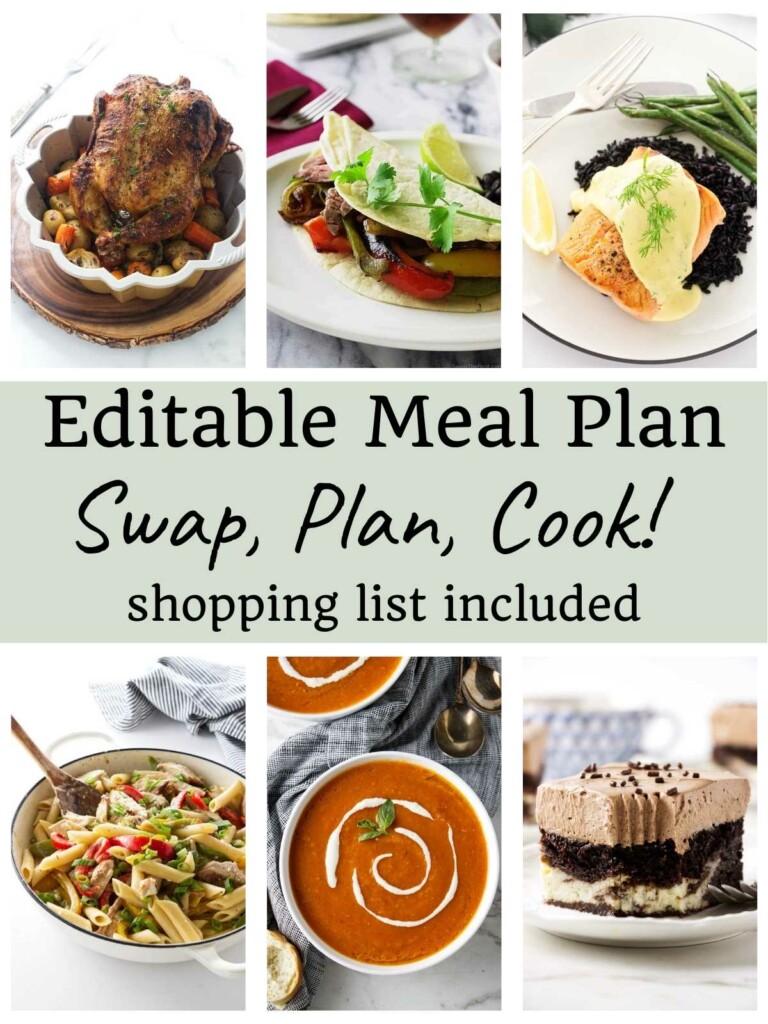 Collage of six diverse meals with text promoting an editable meal plan.