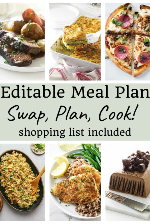 Meal plan with varied dishes and shopping list instructions.