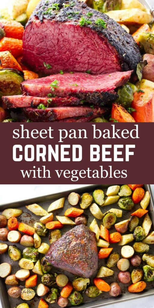 Corned beef on a sheet pan with brussels, carrots, and parsnips.