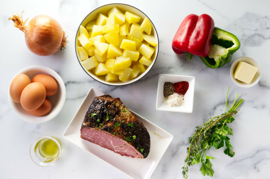 Ingredients for corned beef and potatoes recipe.