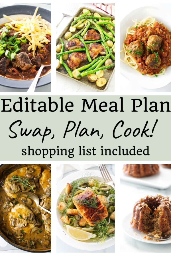 A collage of five recipes and one dessert for a 5 day meal plan.