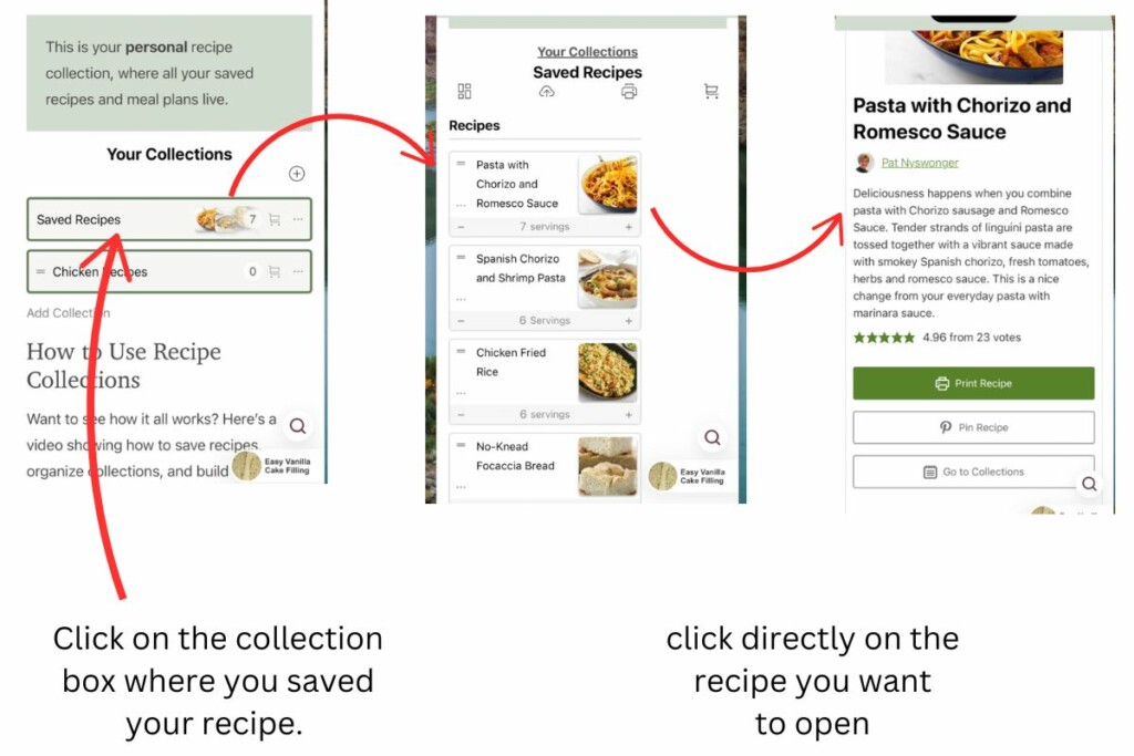 Three photos showing how to open and view the recipe from the recipe collections box.