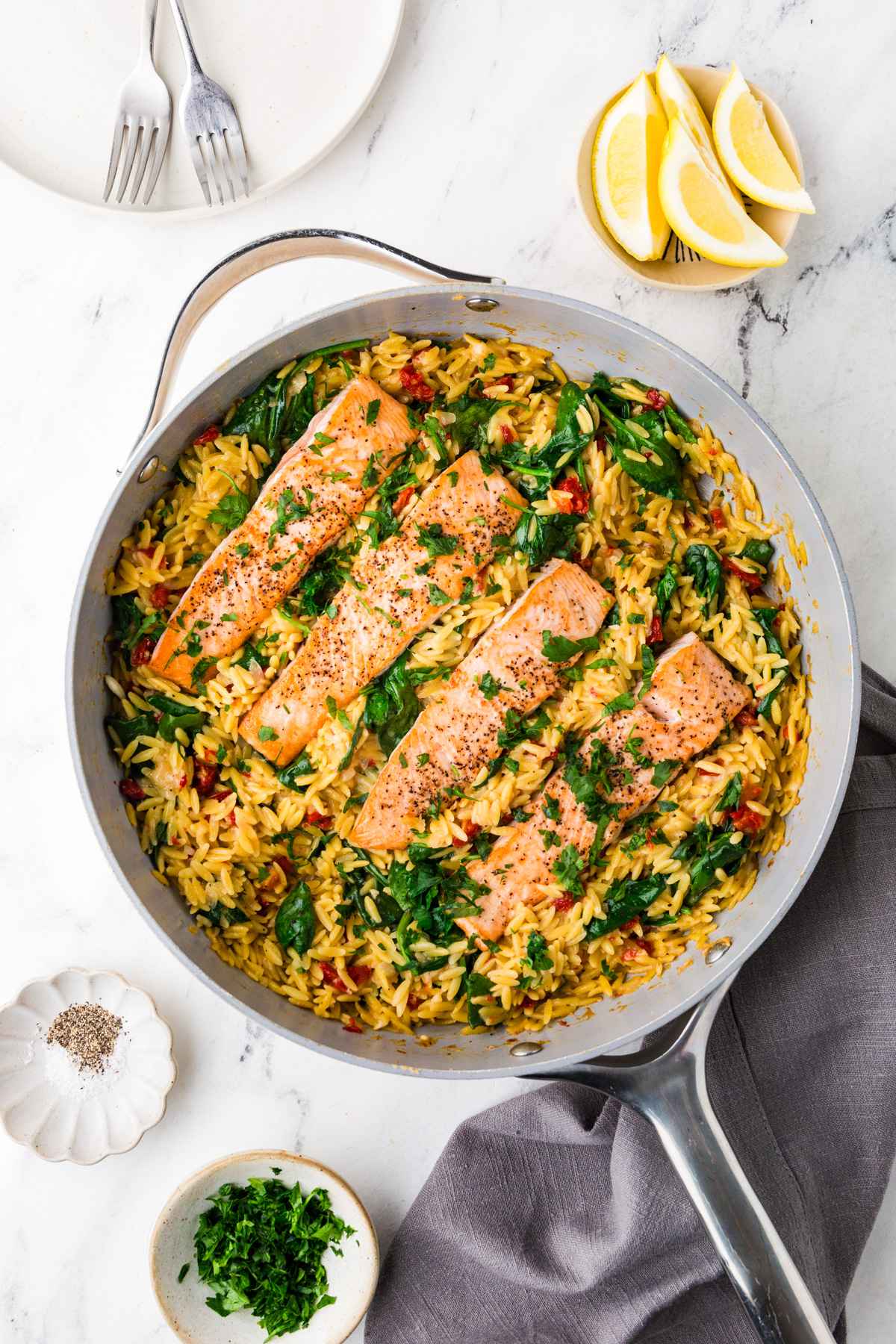 One Skillet Salmon with Lemon Orzo - Savor the Best