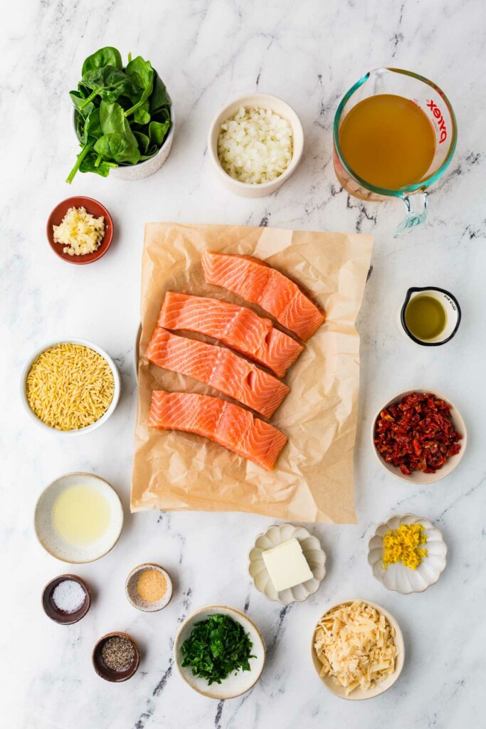 Ingredients used to make one pan orzo salmon.