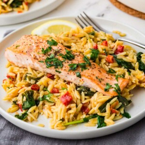 Orzo pasta with salmon on a white plate.