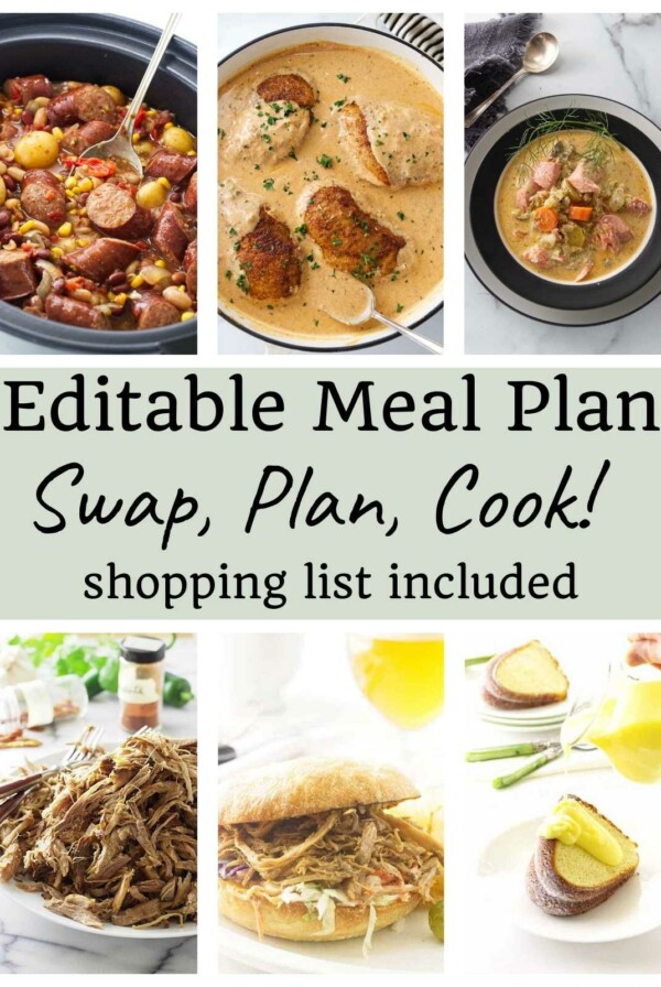 Six photos of meals for a meal plan including pork, chicken, and stew.