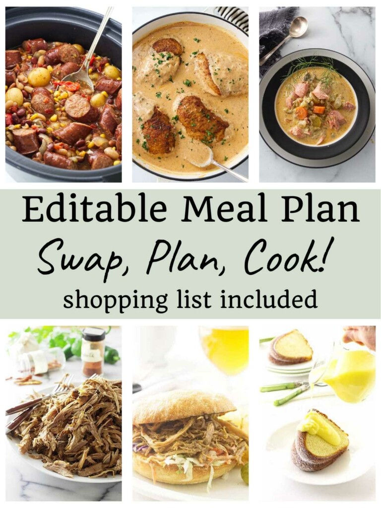 Six photos of meals for a meal plan including pork, chicken, and stew.