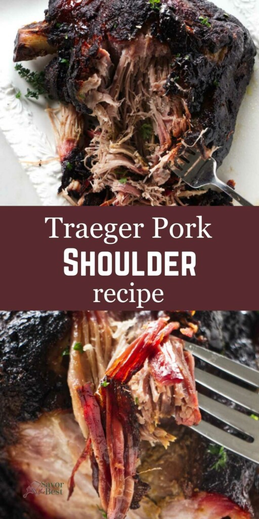 Close-up of shredded pork shoulder with crispy crust, fork pulling meat.