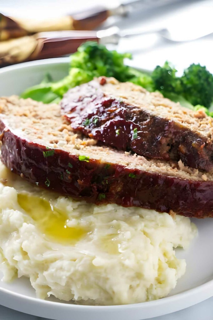 Glazed meatloaf with potatoes and broccoli on a white plate.