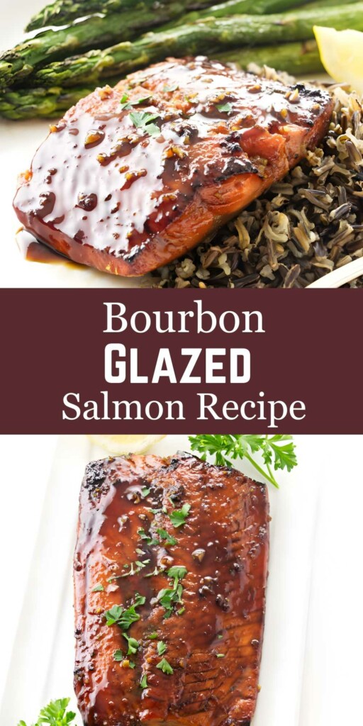 Bourbon-glazed salmon with wild rice, asparagus, and lemon garnish.