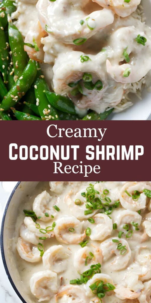 Creamy coconut shrimp over rice with green beans.