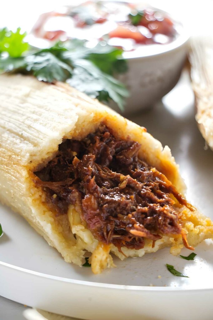 Close-up of tamale with shredded beef, salsa, and cilantro garnish.