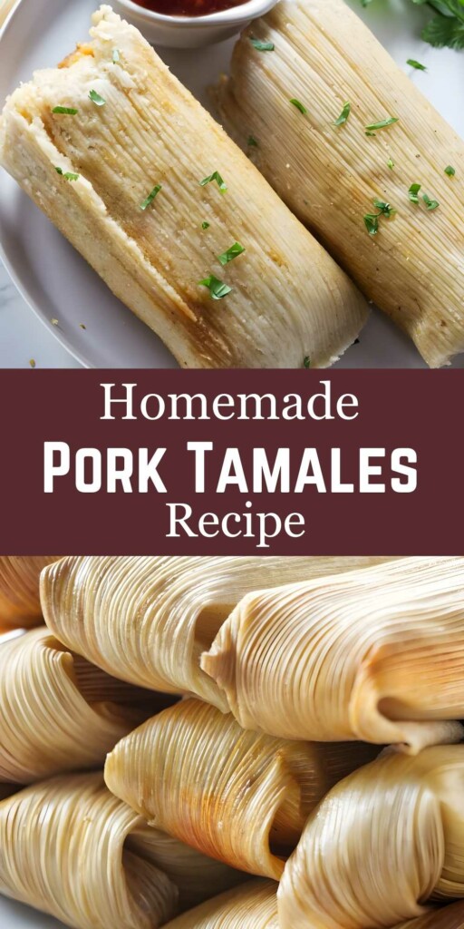 Two pork tamales on plate, herbs garnish; Homemade Pork Tamales Recipe text.