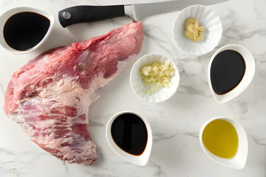 Raw tri tip with marinade ingredients and chef’s knife.