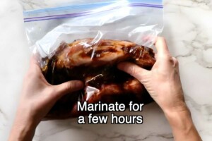 Sealing marinated raw tri tip in ziplock bag.