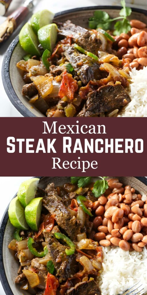 Bowl of steak ranchero with rice, beans, vegetables, and recipe text.