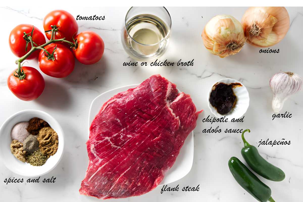 Flank steak with tomatoes, onions, garlic, jalapeños, chipotle, spices.