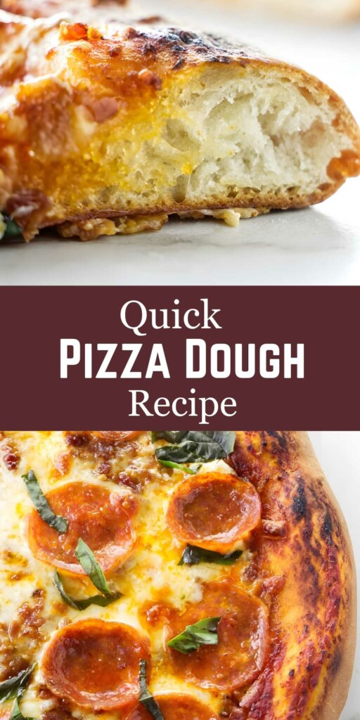 Close-up: fluffy crust, pepperoni pizza, melted cheese, basil, recipe text.