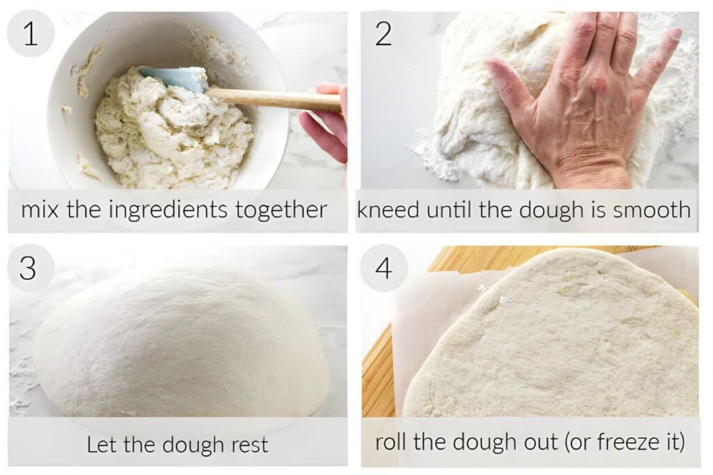 Four-step collage: mixing, kneading, resting, and rolling dough for baking.