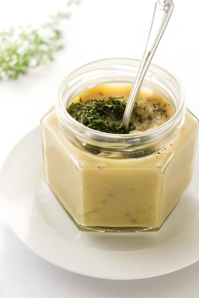 Hexagonal jar of creamy soup with herbs on plate, spoon inside.