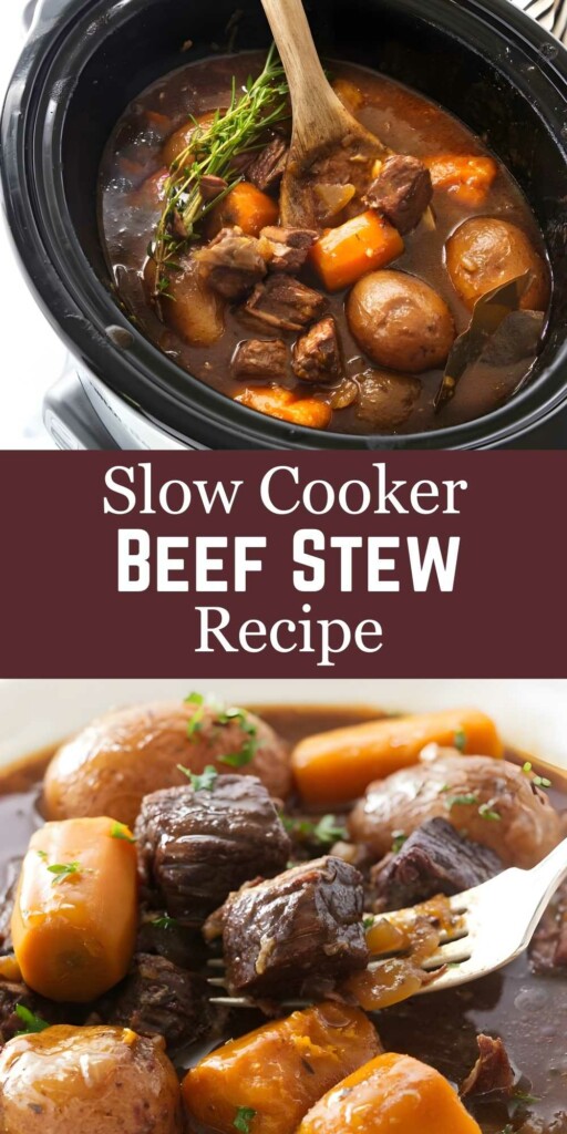 Hearty beef stew with vegetables in slow cooker and served in a bowl.