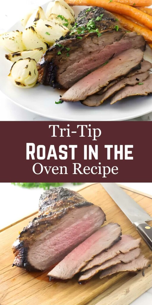 Sliced tri-tip roast with roasted vegetables and recipe title text displayed.