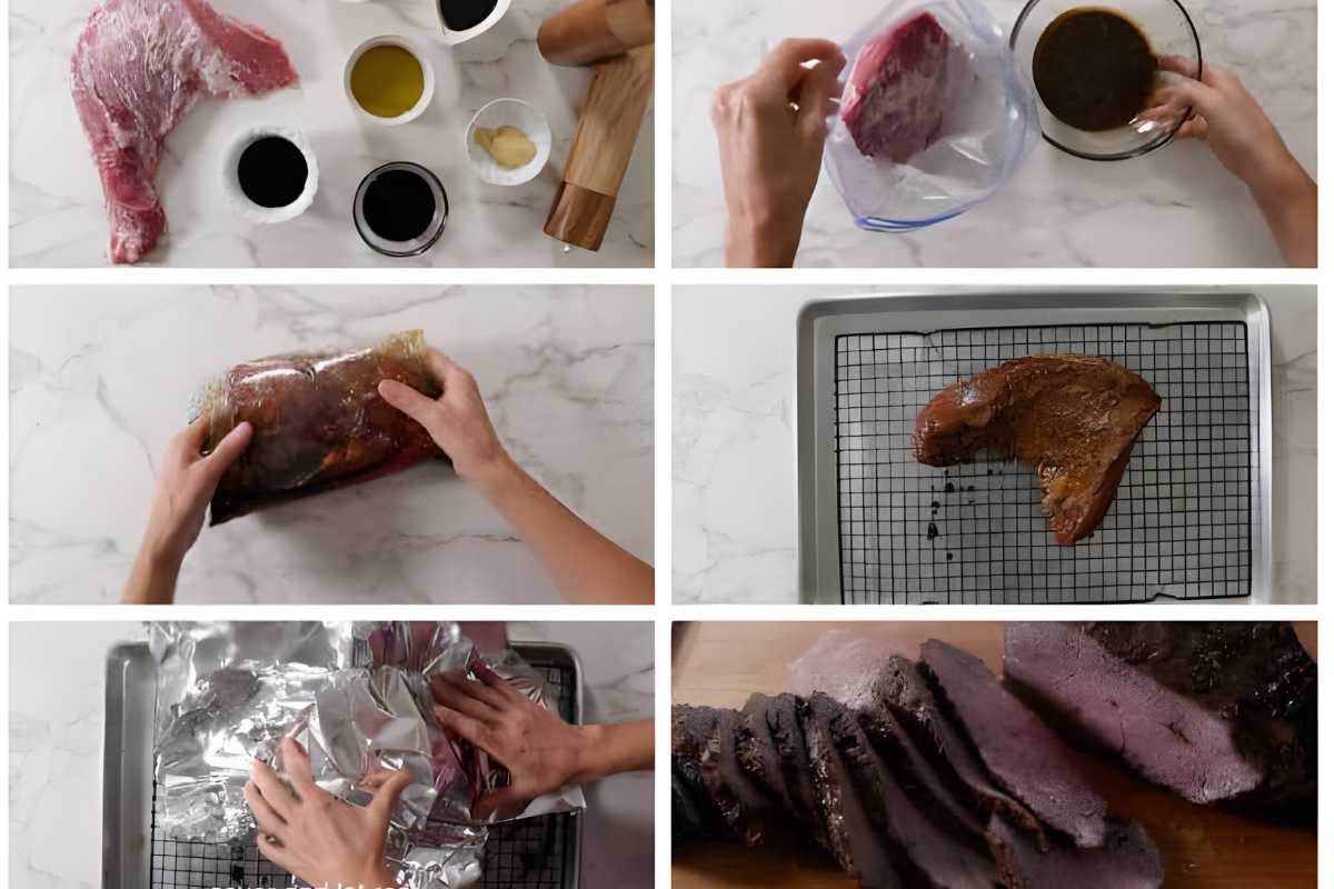 Six steps preparing tri-tip: marinate, seal, rest, cover, cook, slice.
