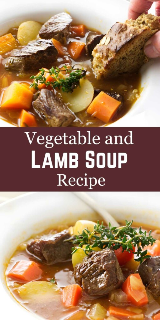 Bowls of lamb vegetable soup; hand holds bread.