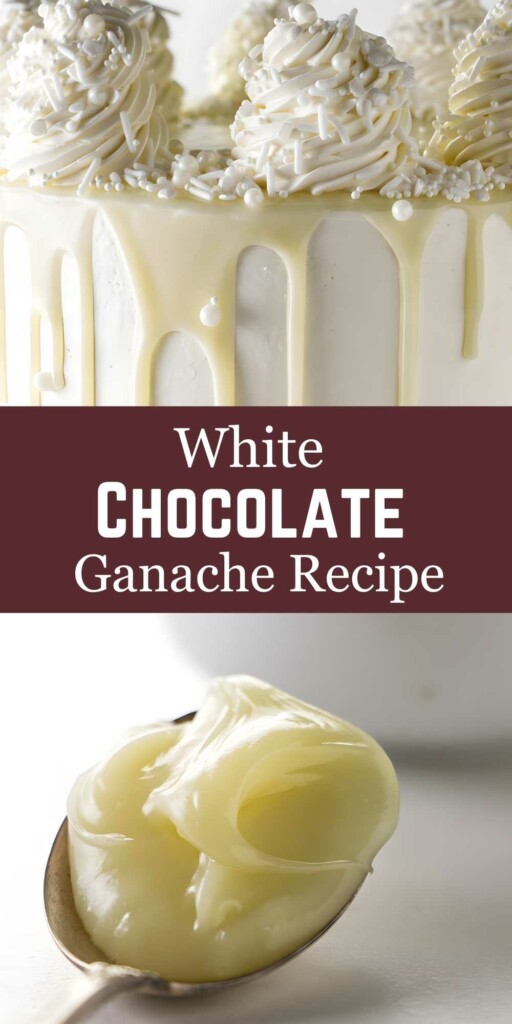 White chocolate ganache cake with swirls, sprinkles, and spoonful of ganache.