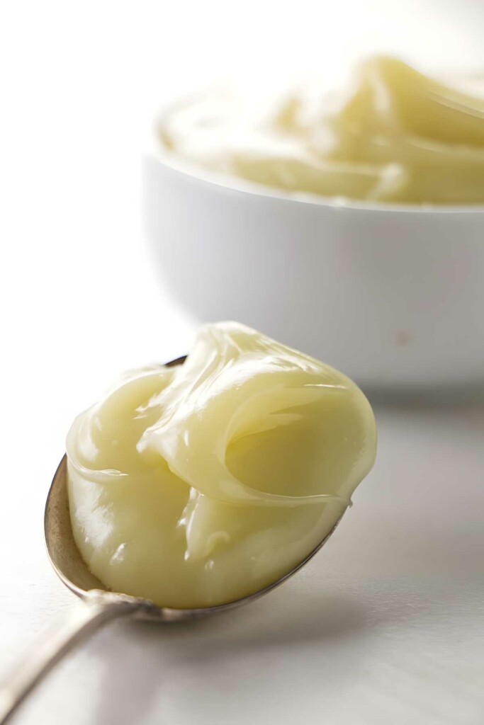 Spoonful of creamy vanilla pudding with a blurred bowl behind.