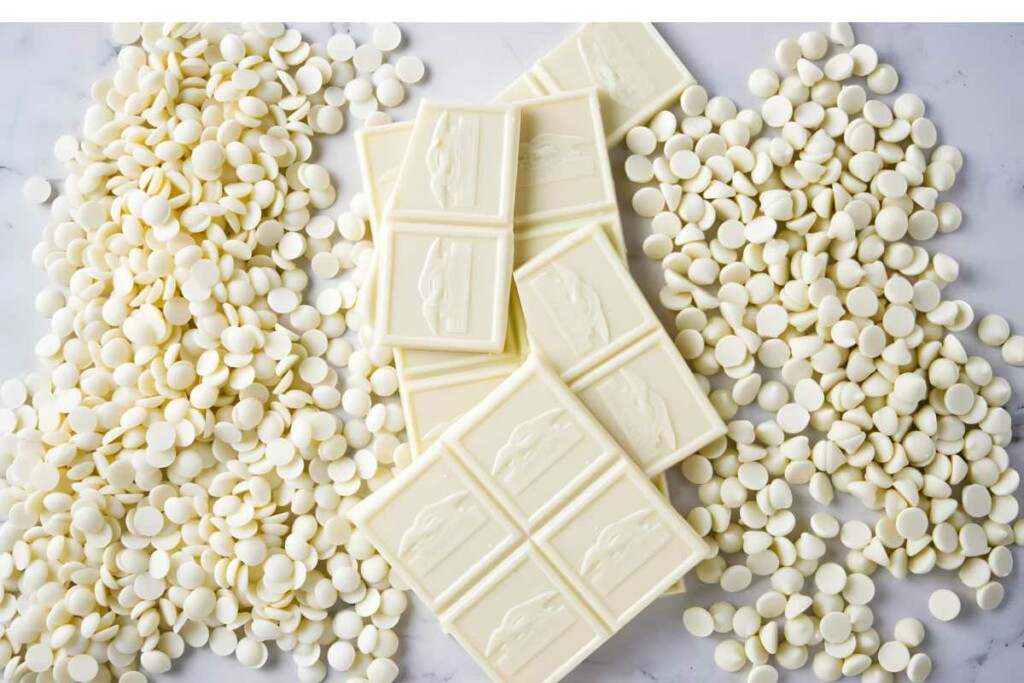 White chocolate bars and two types of white chocolate chips displayed.