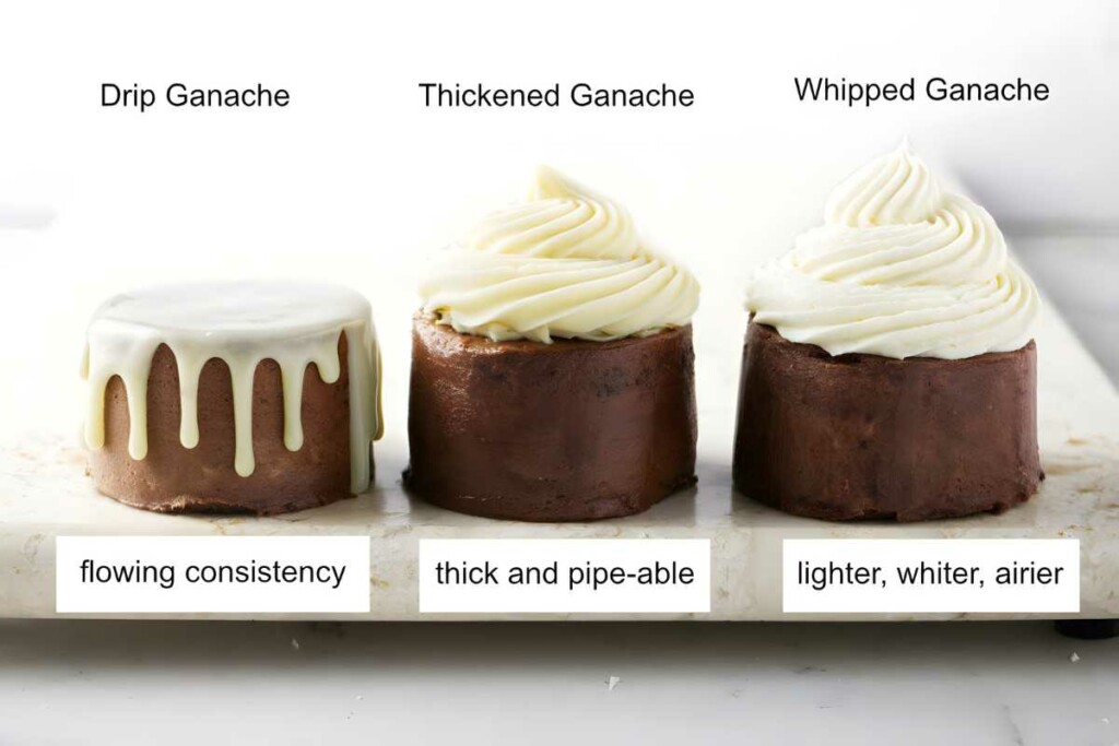 Three chocolate cakes, each with a different white chocolate ganache topping.