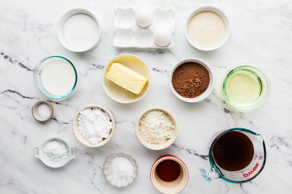 Ingredients used to make sourdough chocolate cake with frosting.