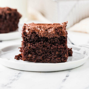 A slice of sourdough chocolate cake on a dessert plate.