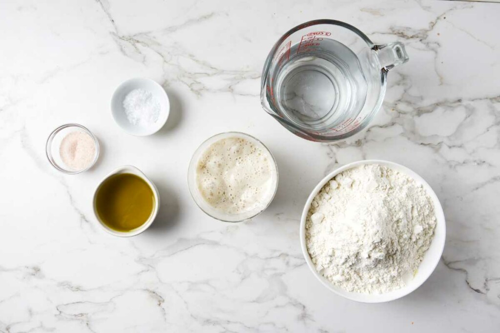 Ingredients used to make sourdough focaccia bread.