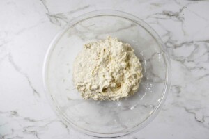 Stirring the dough to make a shaggy mix.