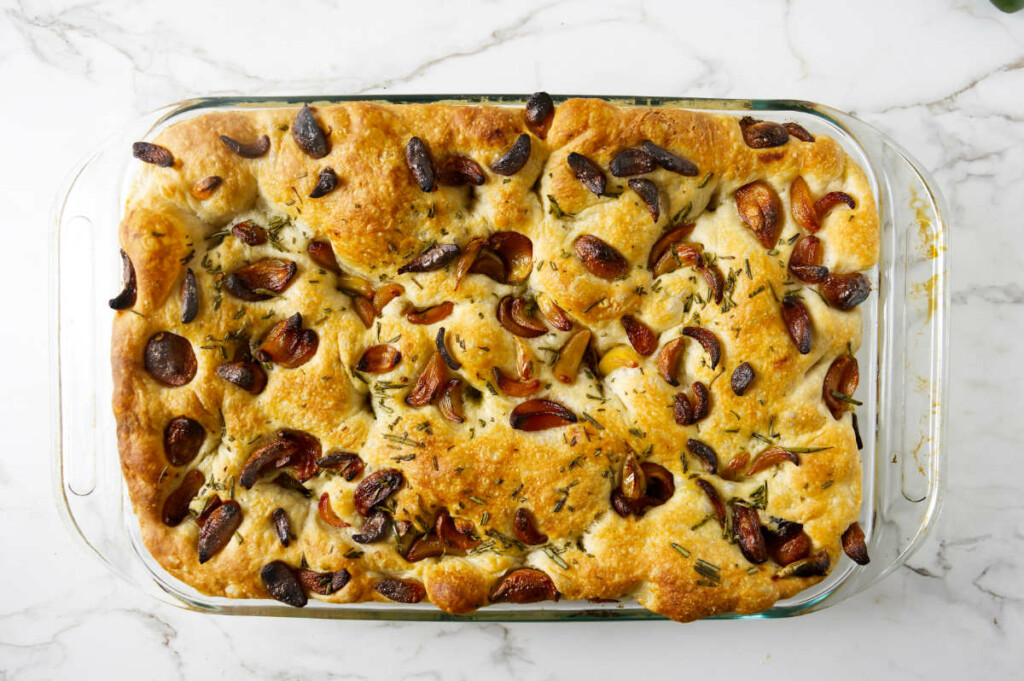 Roasted garlic on top of sourdough focaccia.