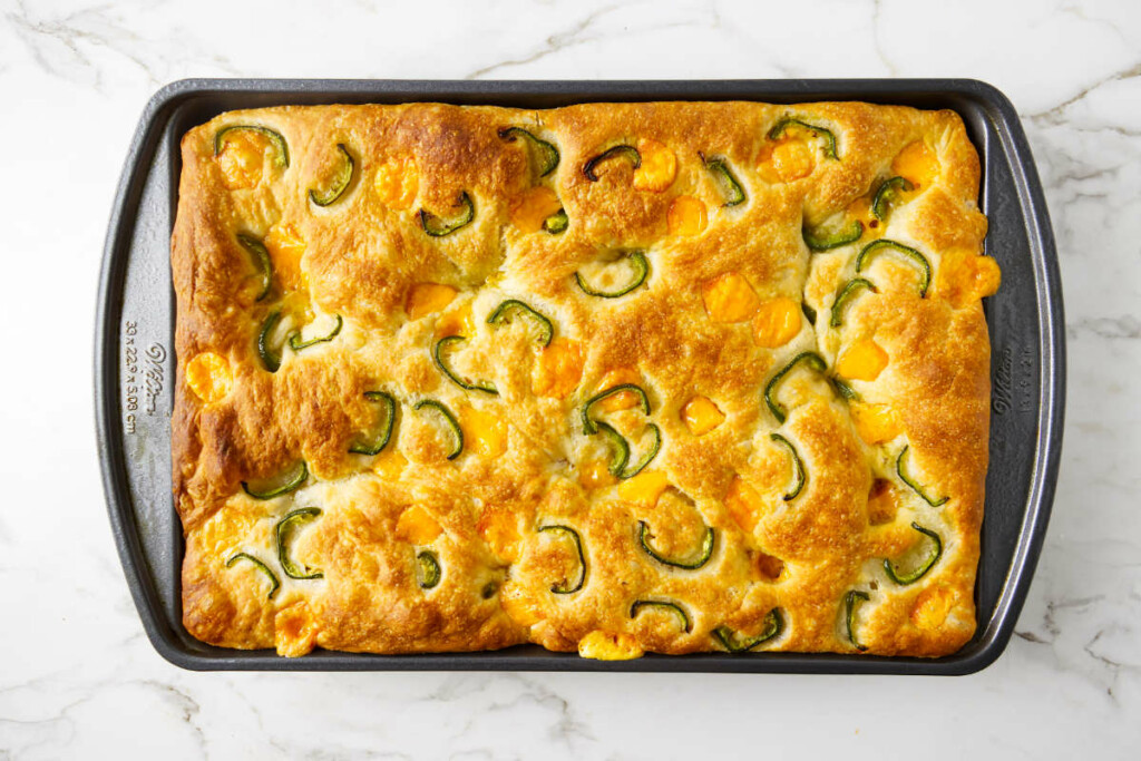 A 13 x 9 inch pan with thick sourdough focaccia.