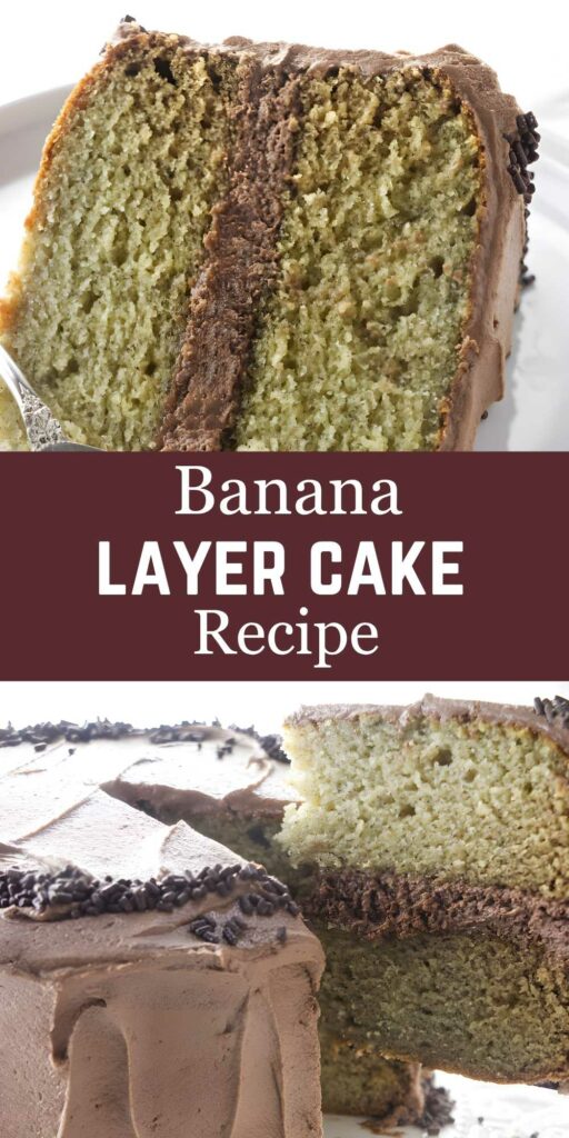 Sliced banana layer cake with chocolate frosting, sprinkles, and recipe text.