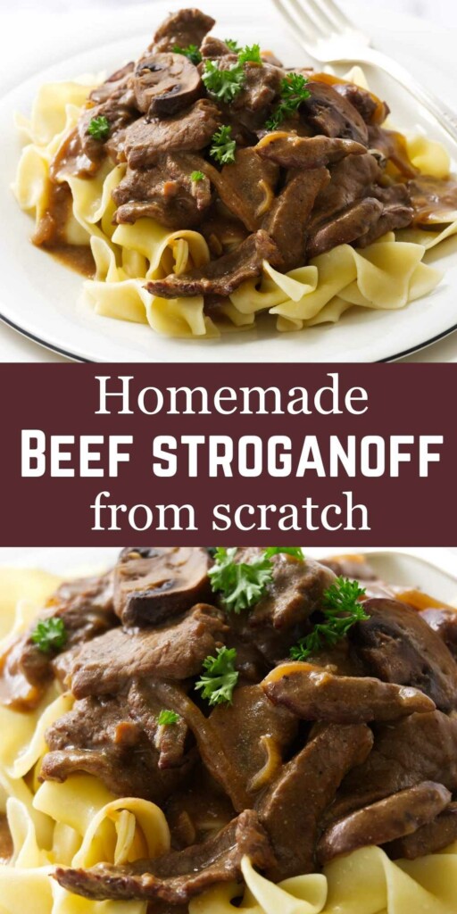 Classic beef stroganoff spooned over a bed of warm buttered noodles.